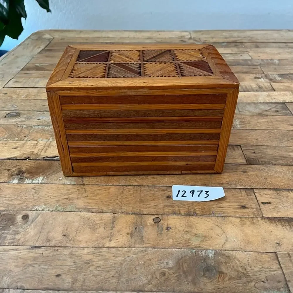 Handmade Vintage Jewelry Box Trinkets Folk Art Inlay Two Drawer Wooden 8.5